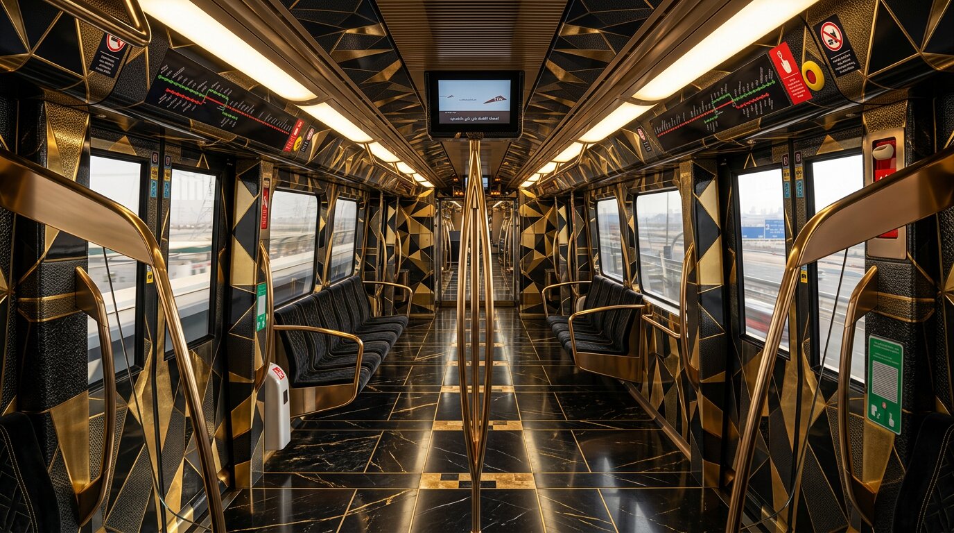 Concept render — interno di un vagone della Metropolitana di Dubai vestito con motivi Khatam-Sulaimani in oro e nero