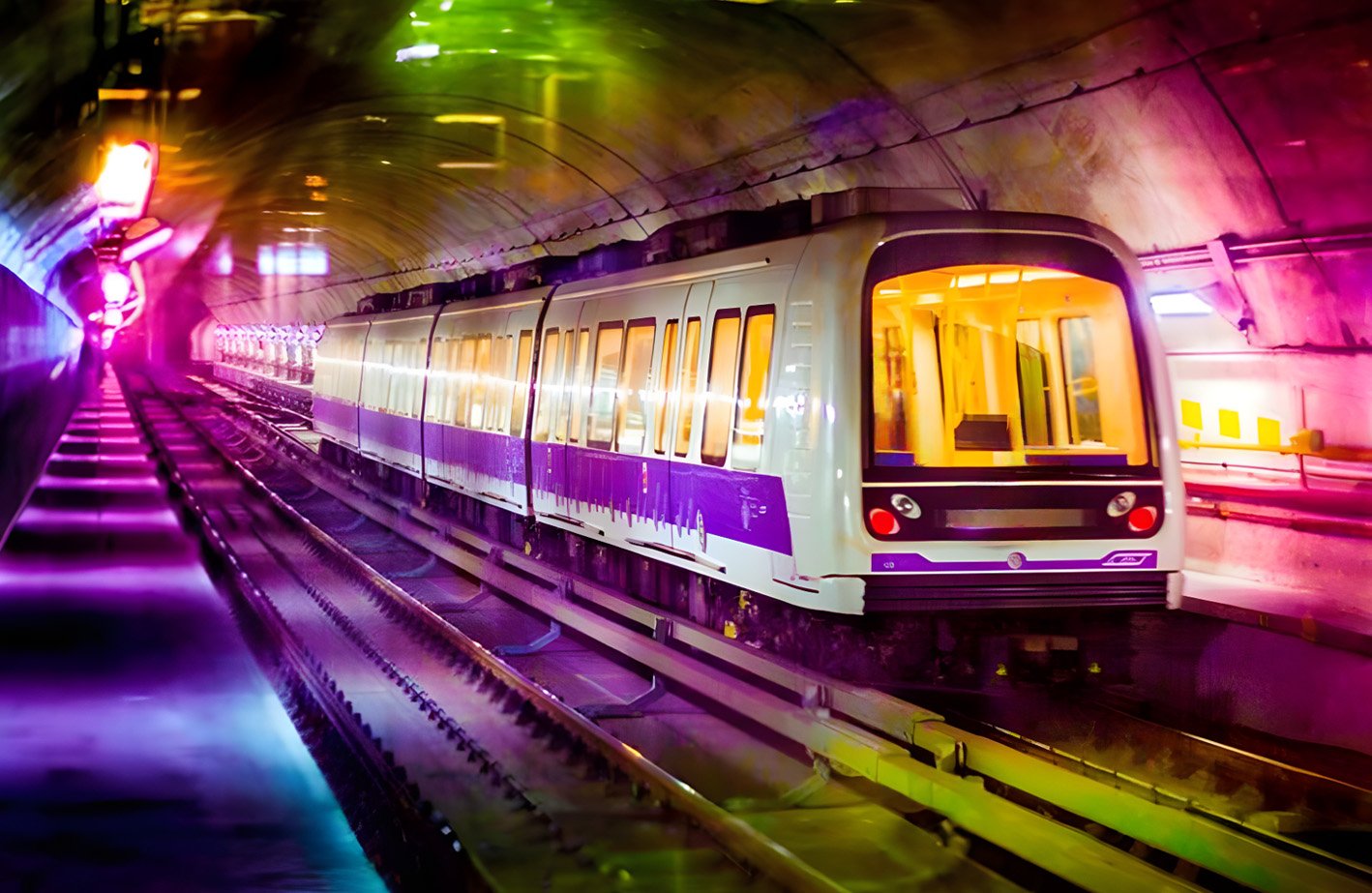 Treno della linea M5 Lilla in galleria — i numeri della rete: 18 treni, oltre 4 milioni di passeggeri al mese, 350 km al giorno