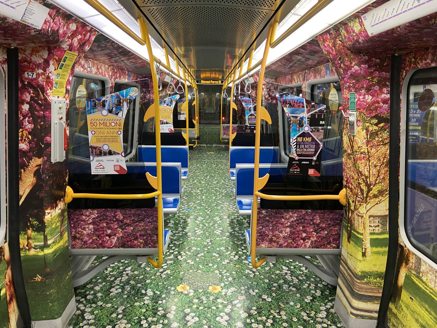 Interno di un treno M5 vestito con tema primaverile — alberi in fiore rosa, pavimento prato verde con margherite, sedute coperte di fiori